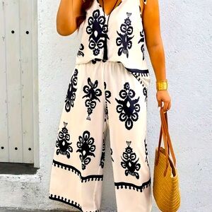 Two piece pants and tie on the shoulders top